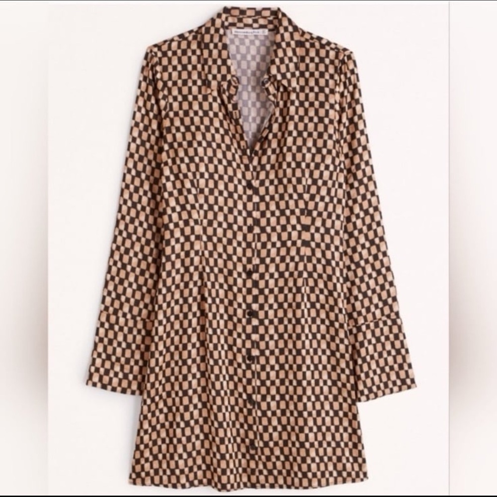 NEW Abercrombie Long Sleeve Satin Shirt Dress - Size XS | Color: Brown Pattern